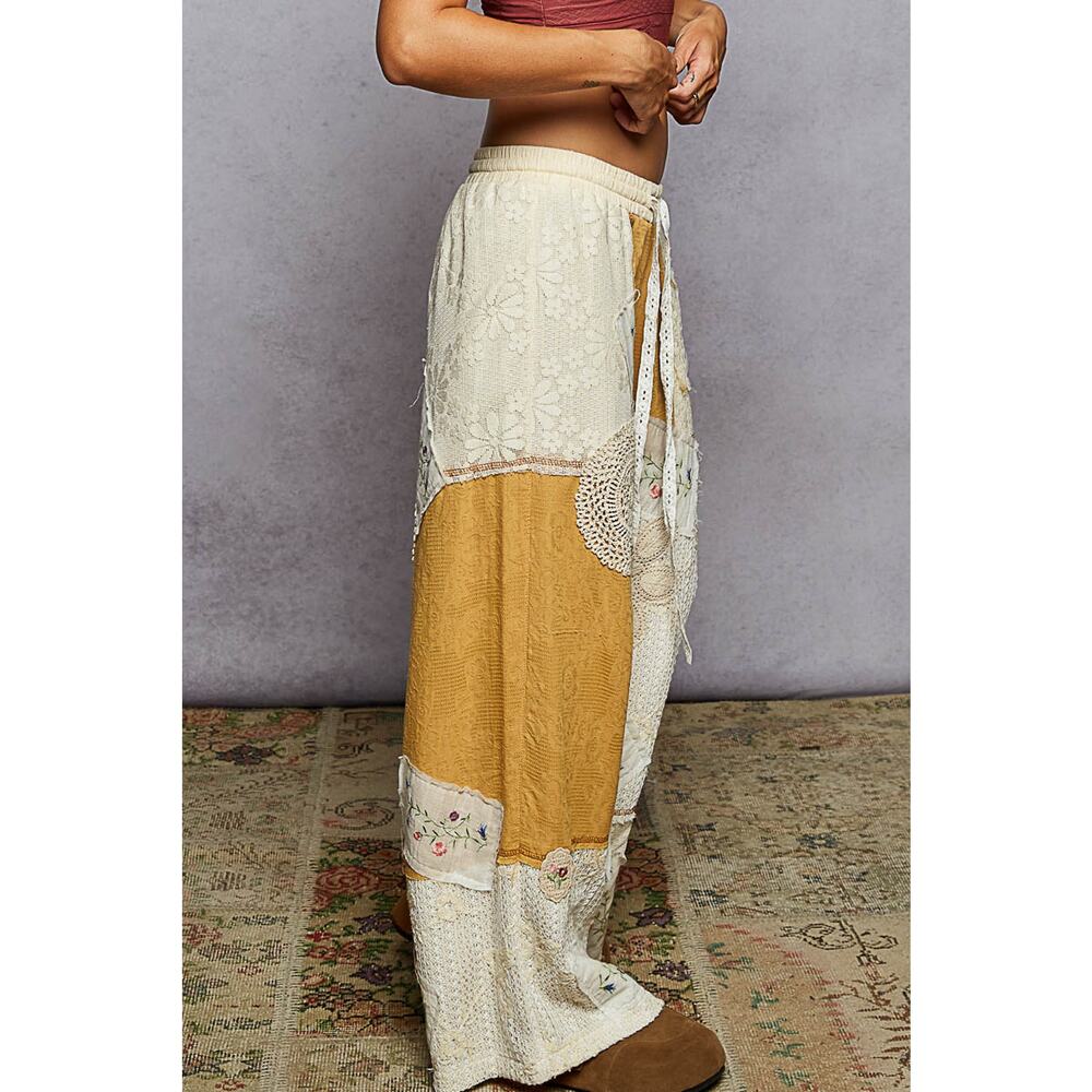 "Deacon" Patchwork Wide Leg Pants in Ivory Honey - Picture 4 of 6